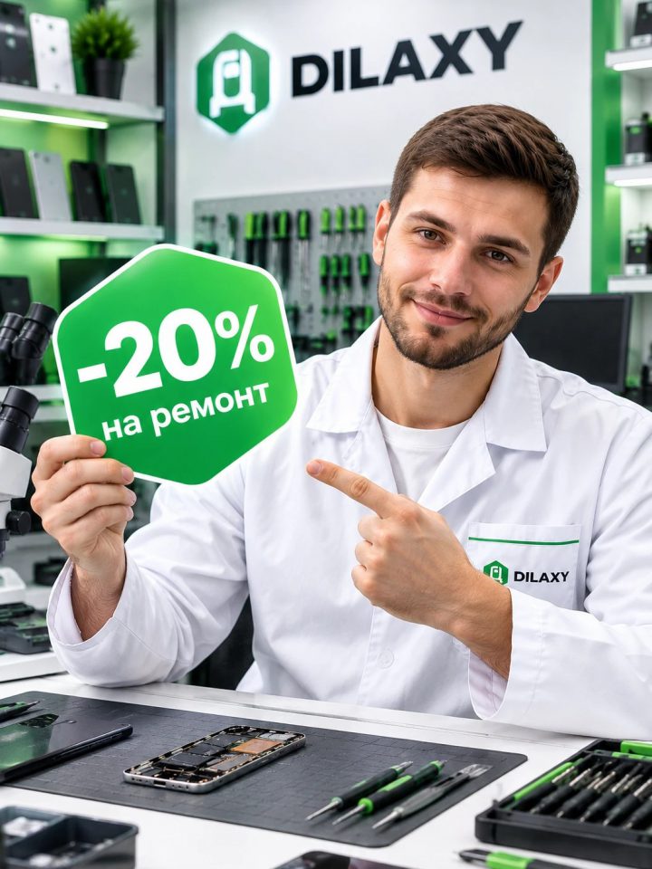 Инженер «Дилакси» с табличкой «−20 % на ремонт» — скидка постоянным клиентам